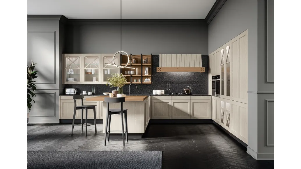 Cucina Classica angolare Frida classic in Frassino massello finitura decapè Fieno con top in quarzo di Arredo3