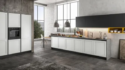 Cucina Moderna lineare in Pet opaco Bianco, pensili in laccato Nero e top in laminato Grigio Frame di Arredo3