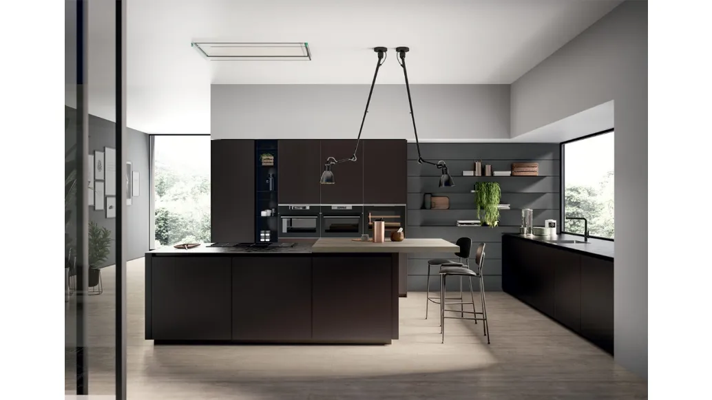 Cucina Moderna con isola in vetro opaco Caffè e penisola in impiallacciato Rovere safari Glass 2 0 di Arredo3