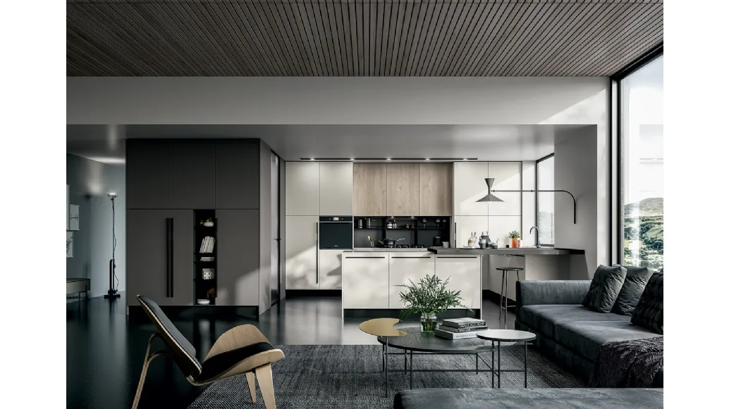 Cucina Moderna Round angolare con penisola in laminato Seta Bianco e Roccia con top in Quarzo di Arredo3