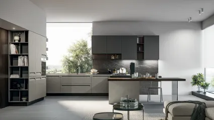 Cucina Moderna angolare in Pet opaco resina polvere, pensili in polimerico opaco lavagna e top in pietra grey con penisola Tekna di Arredo3