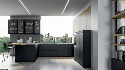 Cucina Moderna angolare Tekna in polimerico Nero opaco e laminato Rovere biondo di Arredo3