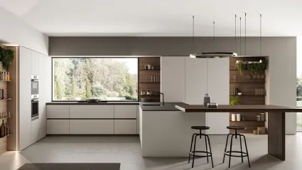 Cucina Moderna angolare laccato opaco Nebbia con penisola in Eucalipto Noce Time di Arredo3