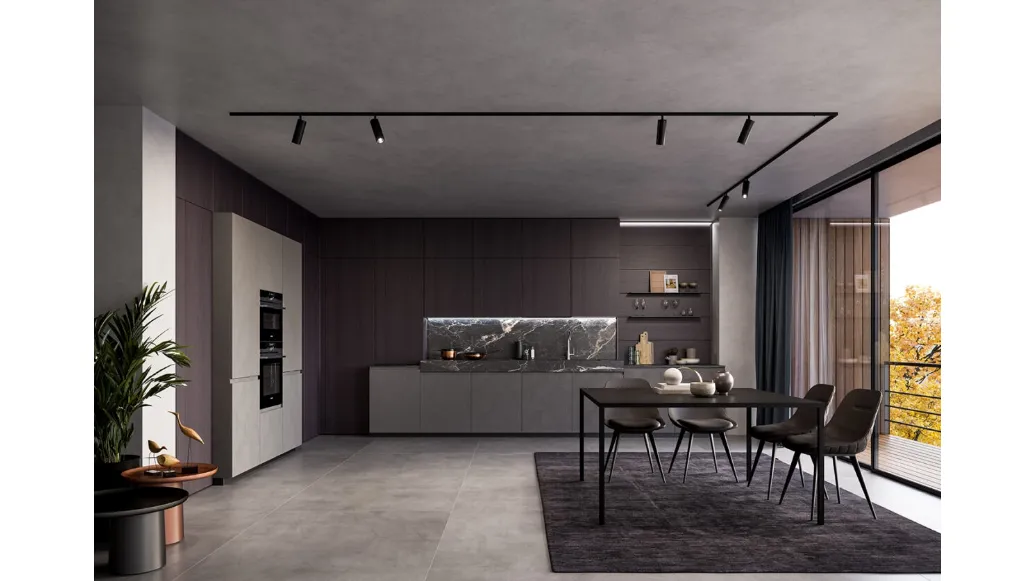 Cucina Moderna lineare in laminato Resina Cromo e impiallacciato Coke con top in ceramica effetto Marmo Nero rigato Wega di Arredo3