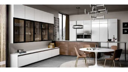 Cucina in laccato bianco e acciaio rame con vetri serigrafati Vivere Italia 09 di Spagnol Cucine