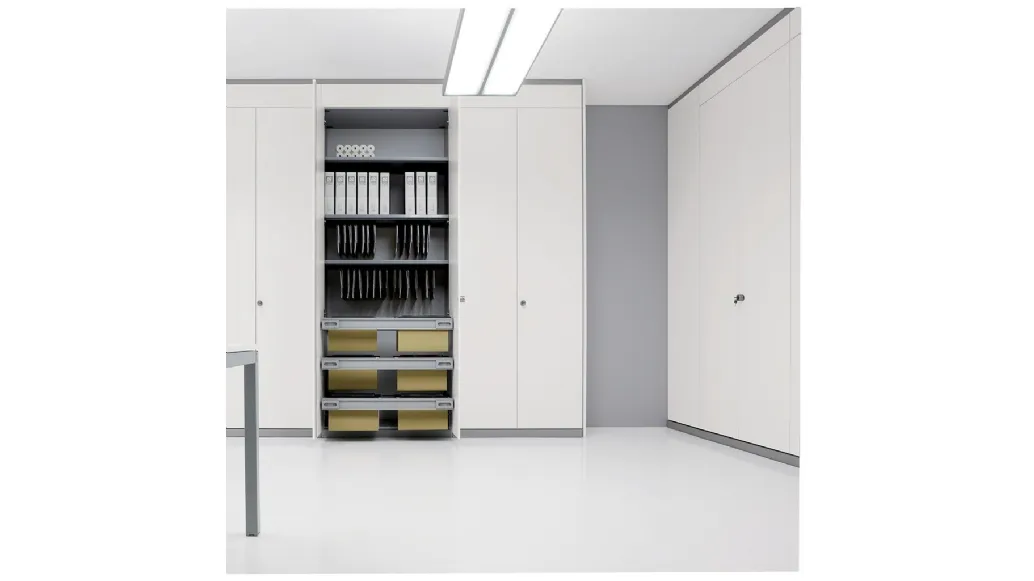 Parete divisoria attrezzata in melaminico con ripiani e profili in alluminio Siderplan S di MobilOfficeFurniture