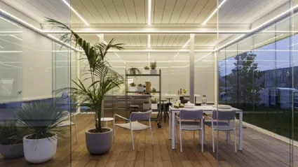 Pergola bioclimatica Imago Gourmet in alluminio dedicata alla cucina fuori casa di Corradi